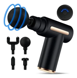 Martillo masajeador pequeño USB negro con cabezales intercambiables y luces LED.