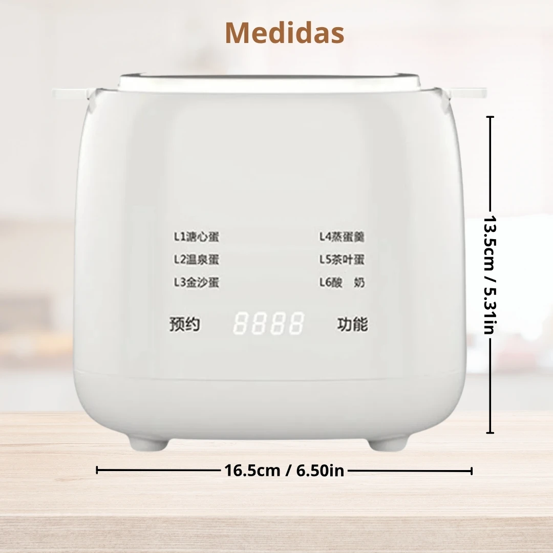 Olla Eléctrica de Huevos con temporizador, 16.5cm x 13.5cm, ideal para cocinar huevos al vapor o postres.
