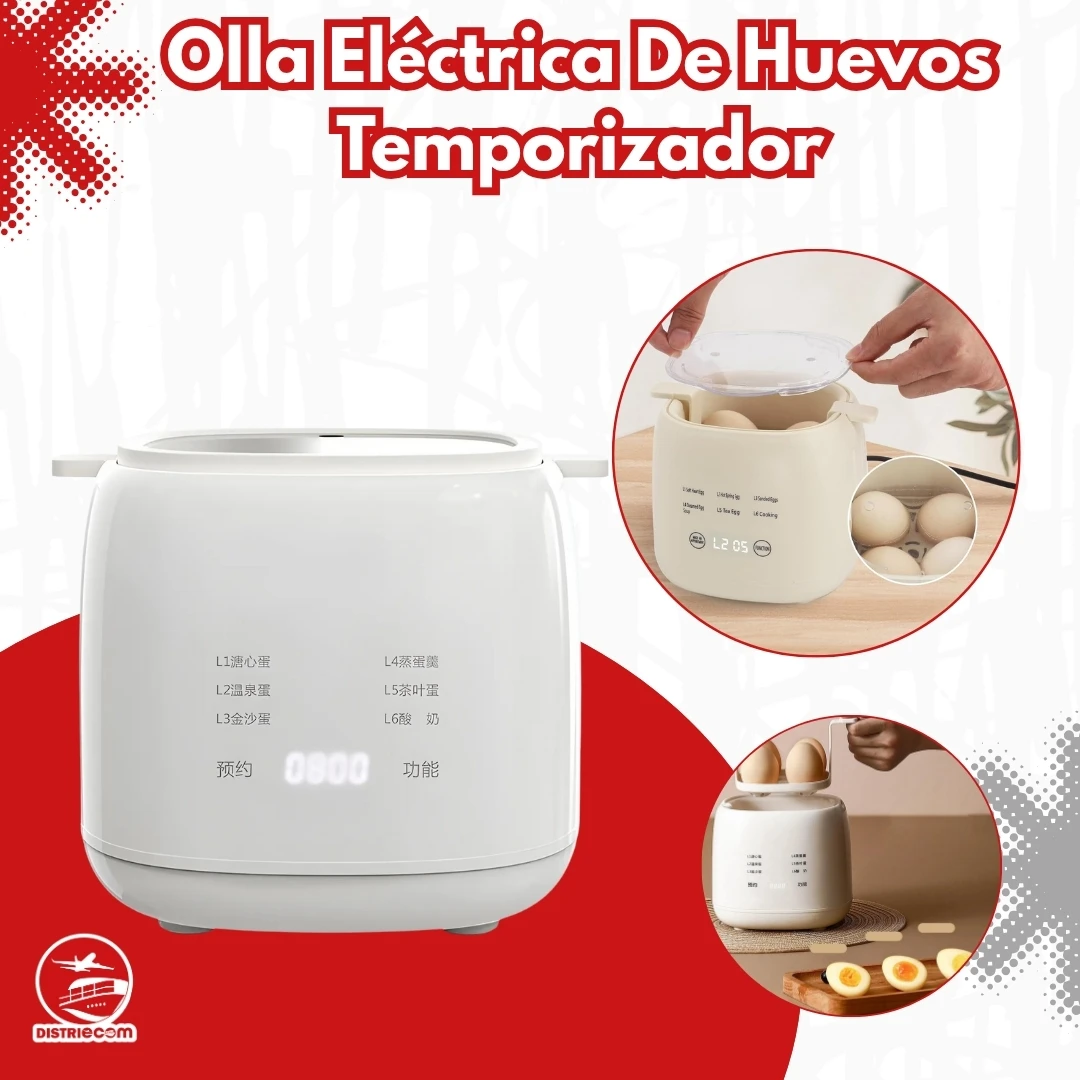 Olla eléctrica de huevos con temporizador para cocción programada, diseño moderno.