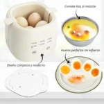 Olla eléctrica para huevos con temporizador. Cocina huevos perfectos al instante con diseño moderno.
