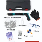 Kit pistola fulminante de fijación con 100 clavos, caja, guantes, gafas y manual.