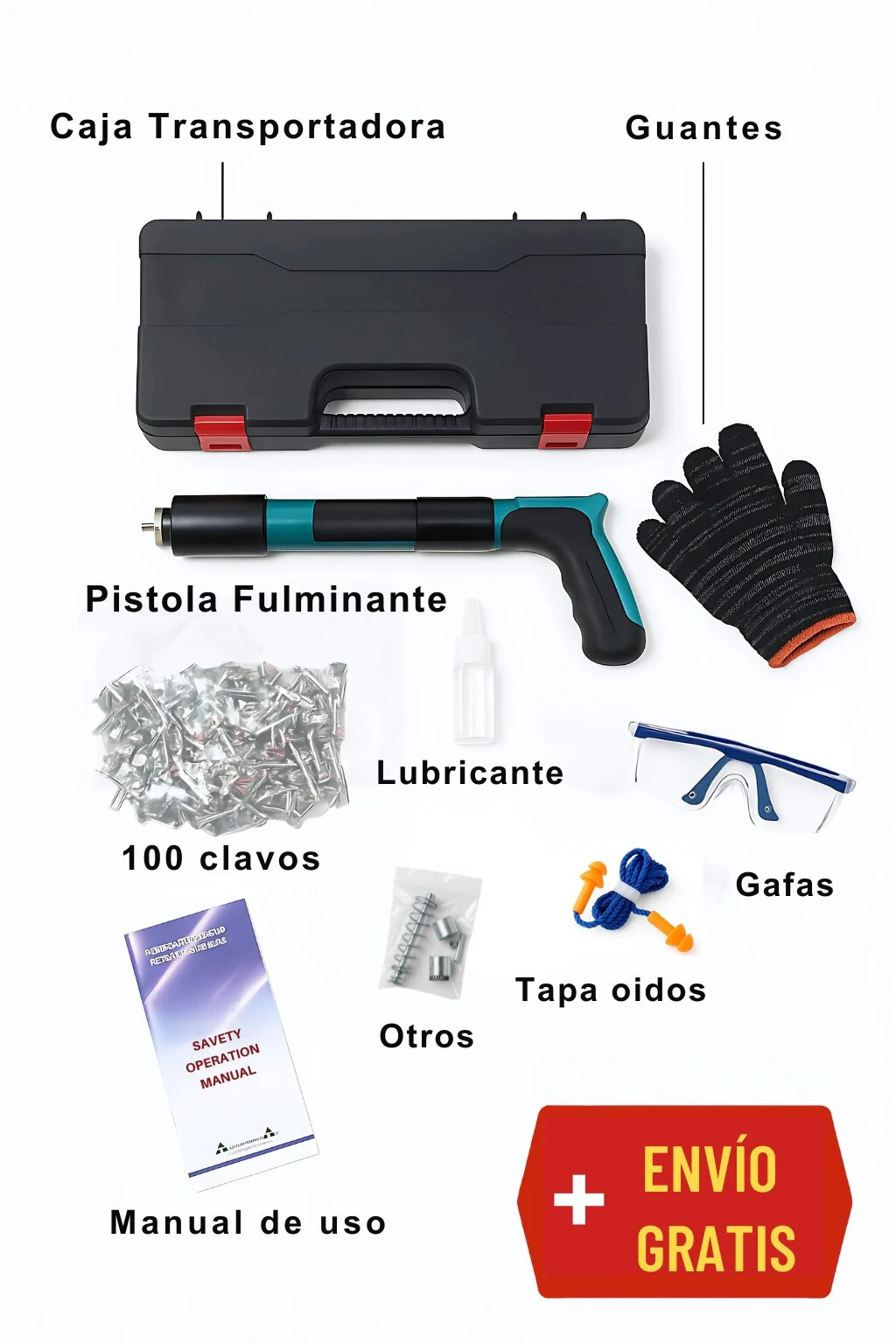 Kit pistola fulminante de fijación con 100 clavos, caja, guantes, gafas y manual.