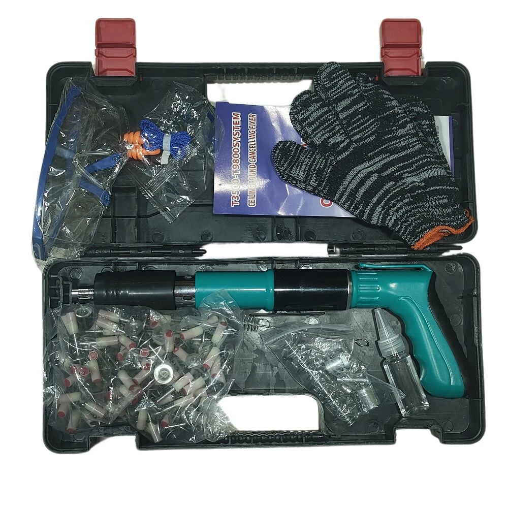 Kit pistola fulminante fijación T2300-T9800 con 100 clavos, guantes y gafas.
