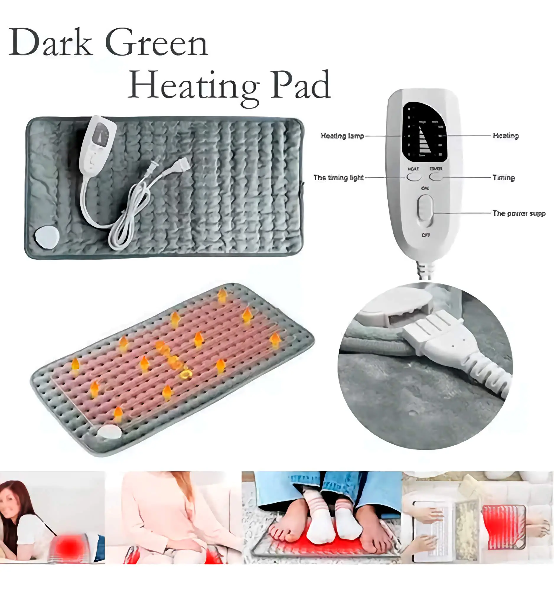 Manta térmica eléctrica verde oscuro con control y múltiples usos para aliviar el dolor.