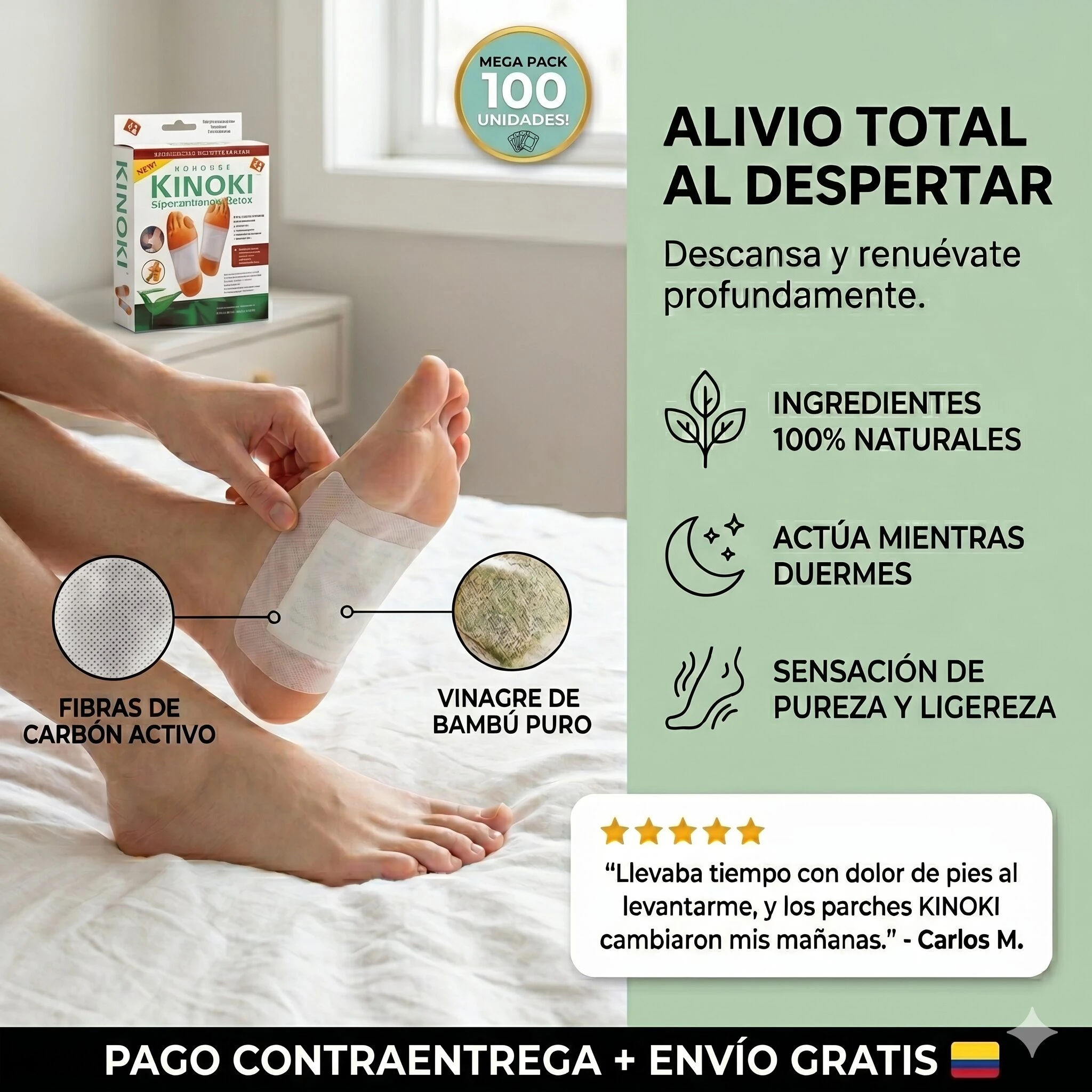 Parches Kinoki Detox para pies, 100 unidades, con fibras de carbón activo y vinagre de bambú. Alivio total al despertar.