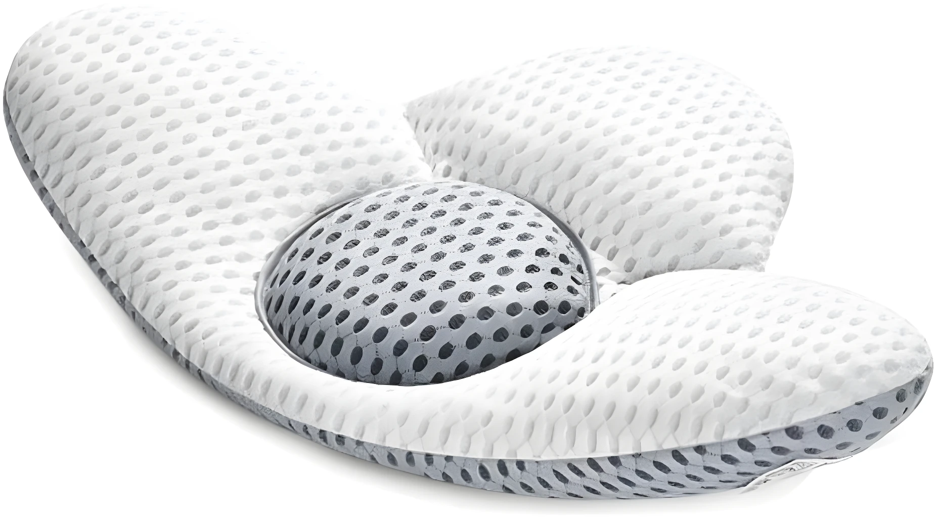 Almohada lumbar ergonómica con centro de malla transpirable y diseño contorneado para soporte.