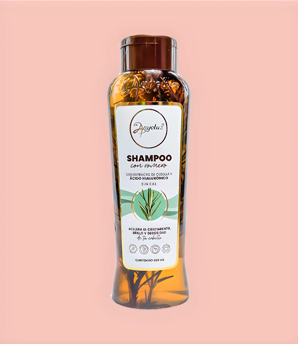 Anyeluz Shampoo con Romero: acelera crecimiento, brillo y sedosidad del cabello.