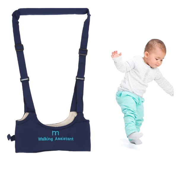 Arnés azul para ayudar a bebés a caminar, con un niño en pantalones verdes intentando dar pasos.