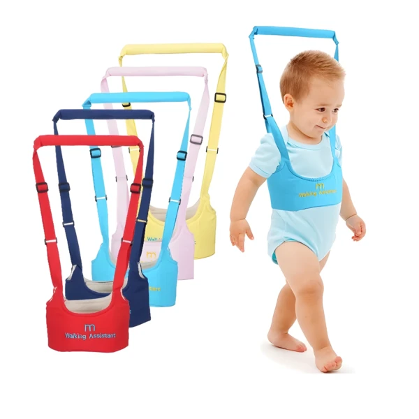 Arnés de entrenamiento para caminar para bebé, con diseño de tirantes ajustables en varios colores.