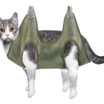 Gato gris atigrado en hamaca de cuidado para uñas y aseo.