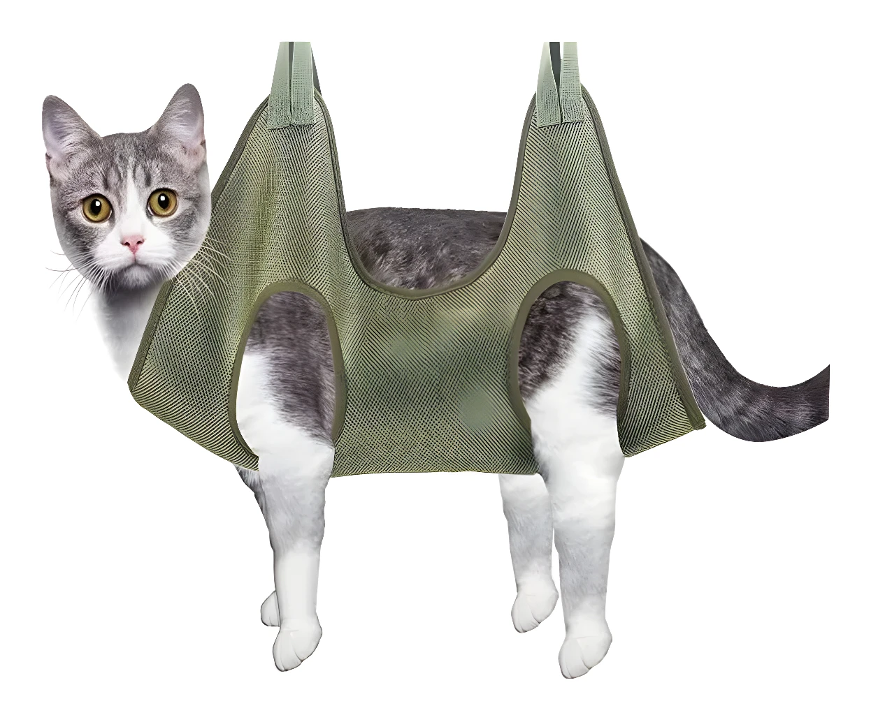 Gato gris atigrado en hamaca de cuidado para uñas y aseo.