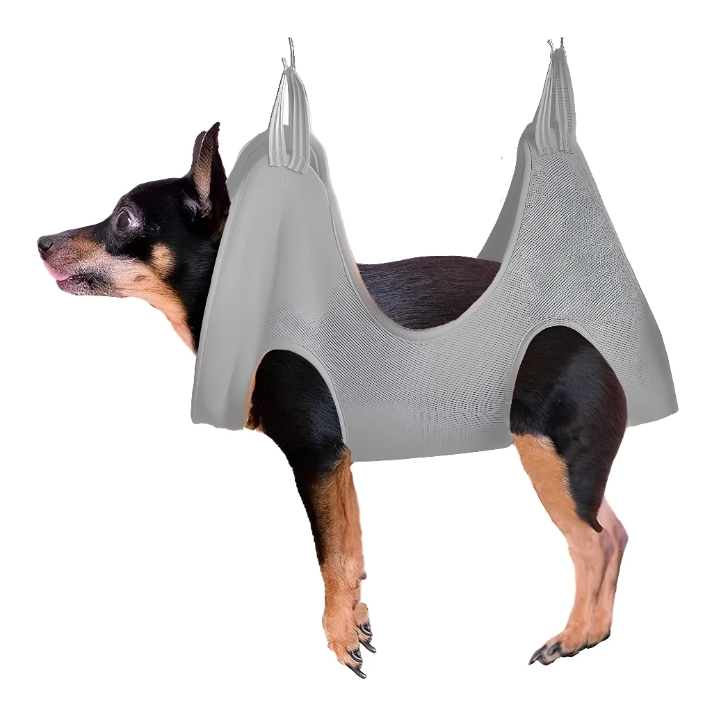 Hamaca gris para perros pequeños, ideal para cortar uñas y aseo, sujetando al animal con seguridad.