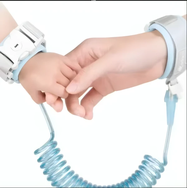 Arnés muñequera anti-pérdida con correa en espiral azul para sujetar niño y adulto.