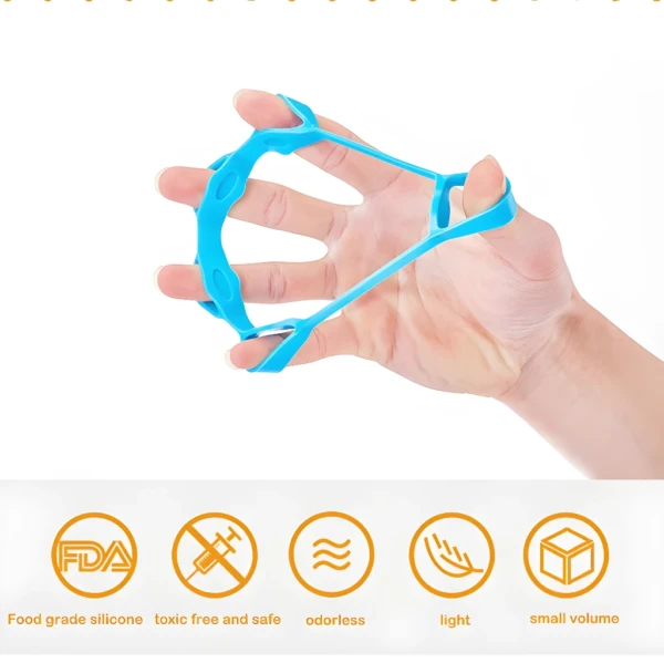 Banda elástica azul para fortalecimiento de dedos, hecha de silicona de grado alimenticio, ligera y compacta.