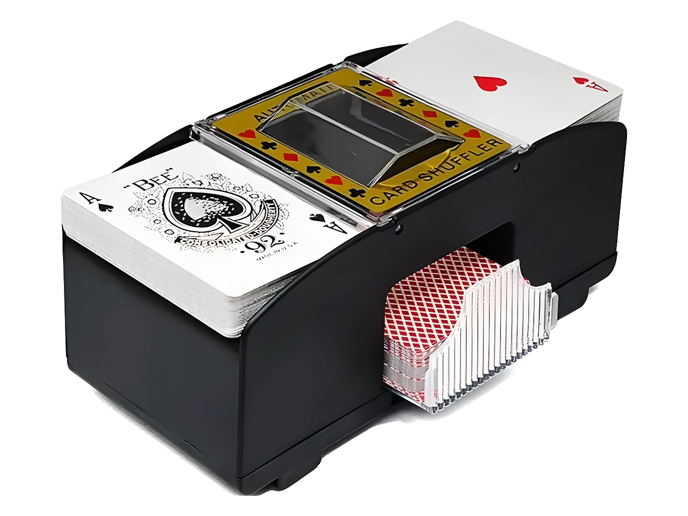 Barajador automático de cartas Zo mezclando mazos de naipes Bee y corazón.