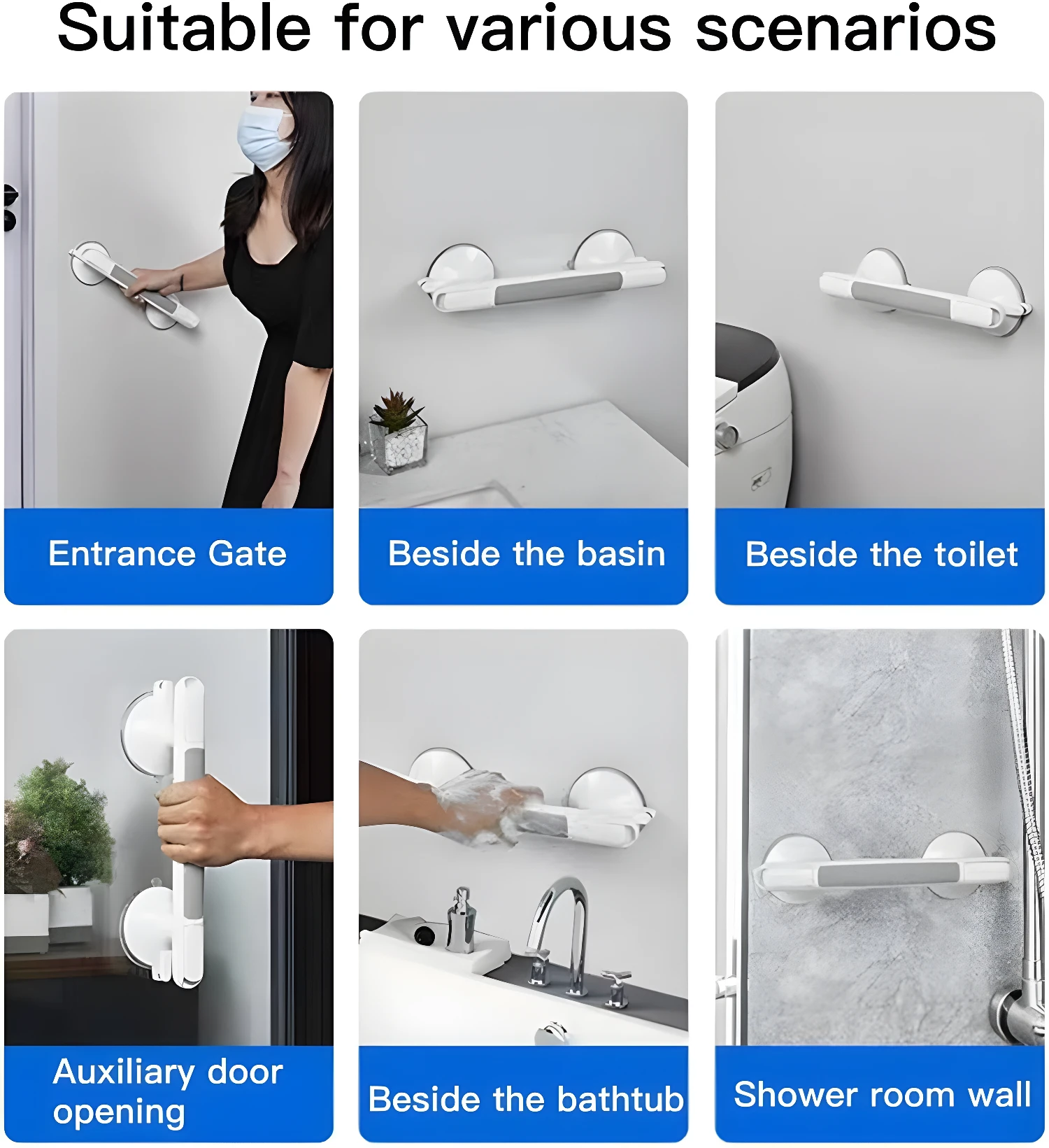 Barra de agarre para ducha y baño con ventosas, soporte ideal para lavabo, puerta y pared.