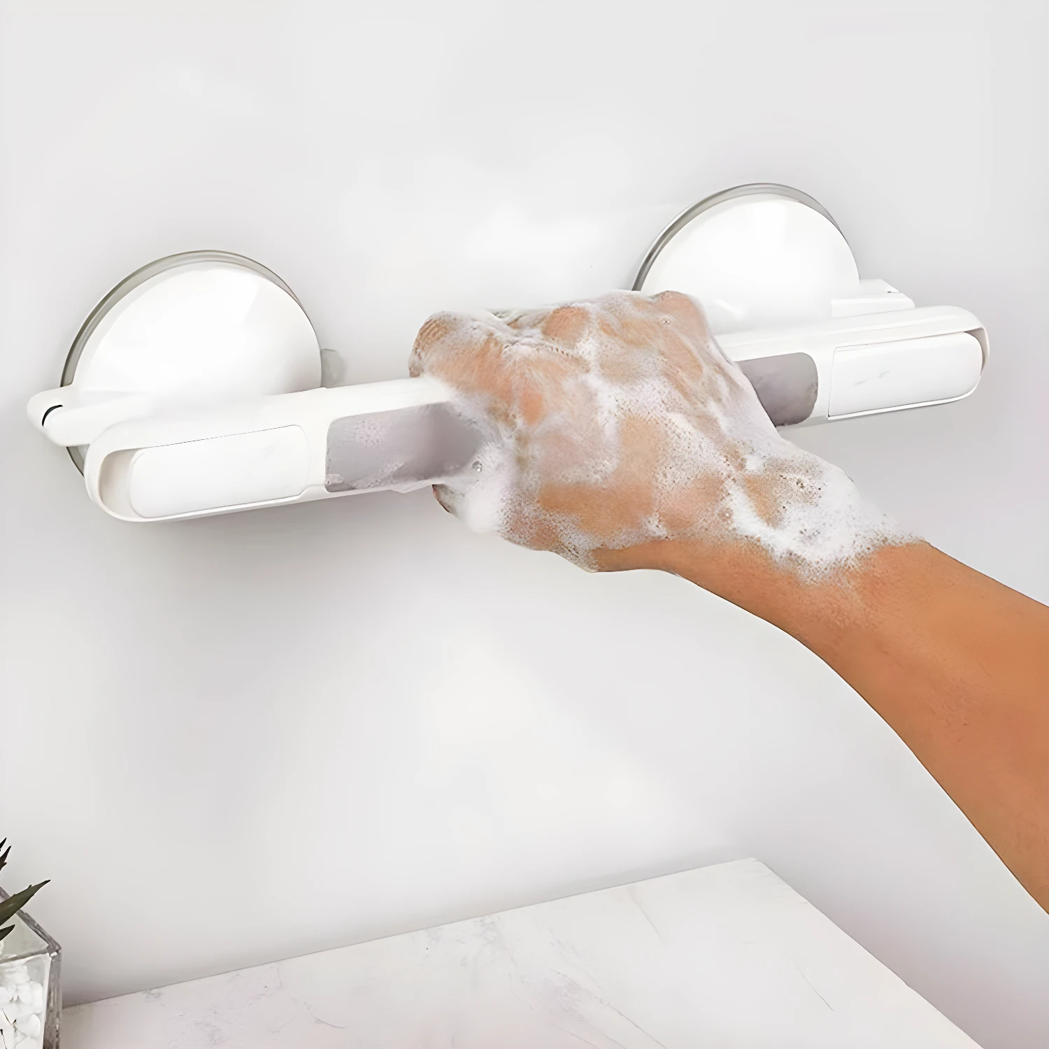 Barra de agarre para ducha, soporte con ventosas, ideal para seguridad y comodidad.