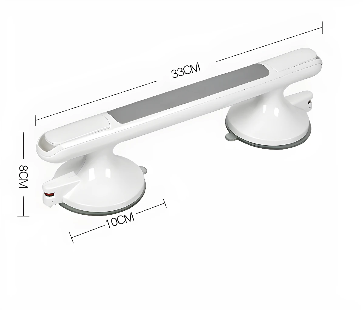 Barra de agarre para ducha con ventosas, 33cm de largo, 8cm alto, 10cm ancho.