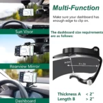 Base soporte celular carro 360°: montado en retrovisor, parasol y tablero.