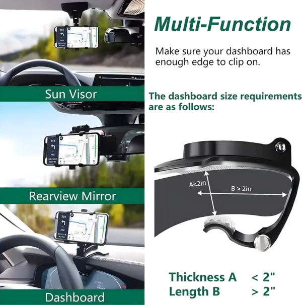 Base soporte celular carro 360°: montado en retrovisor, parasol y tablero.