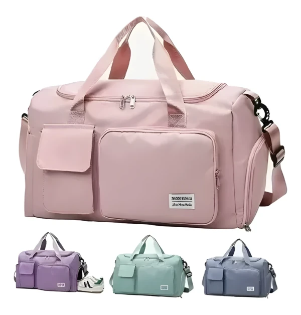 Bolso bandolera de viaje rosa y otros colores, con múltiples bolsillos y asas.
