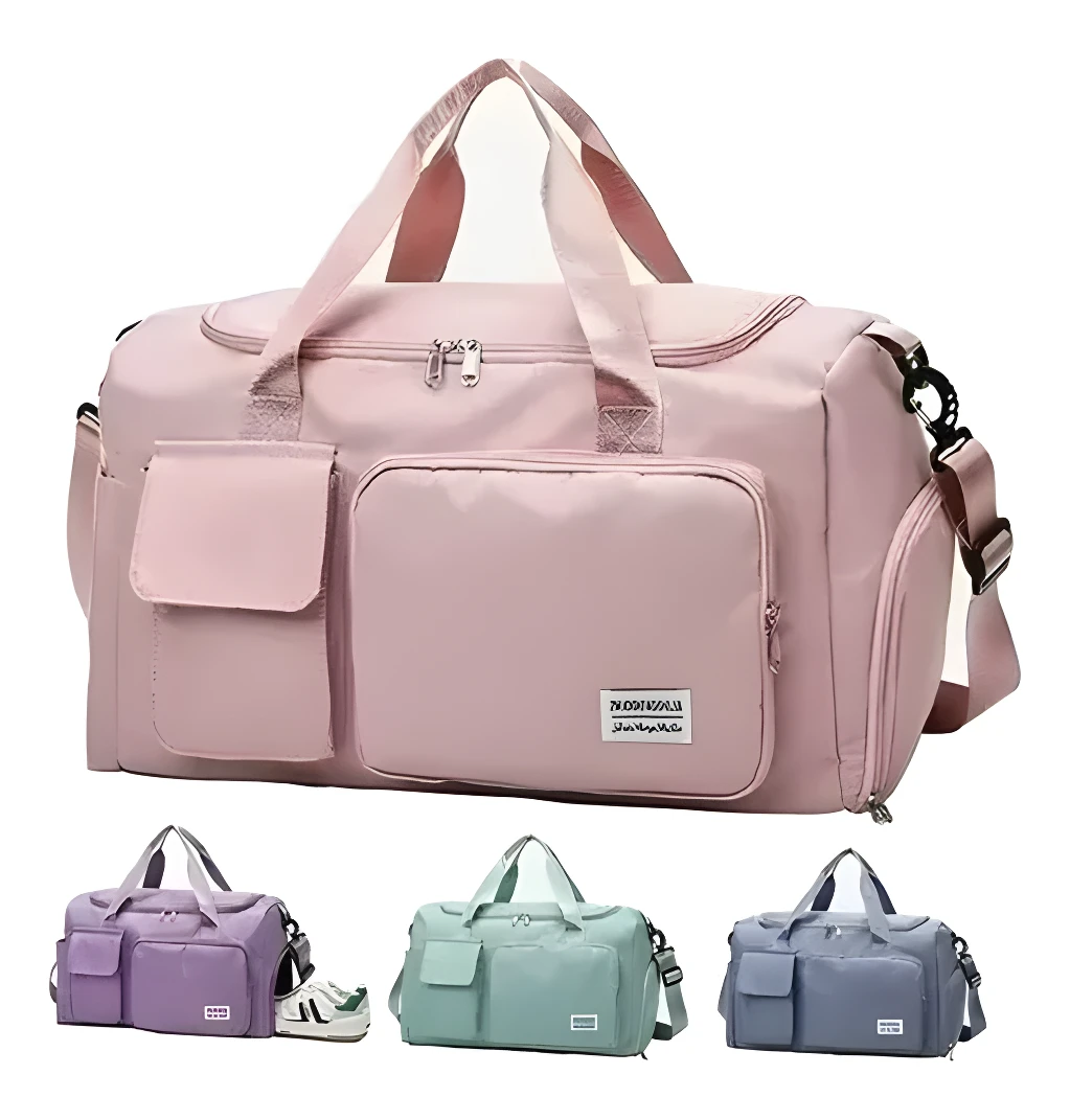 Bolso bandolera de viaje rosa y otros colores, con múltiples bolsillos y asas.