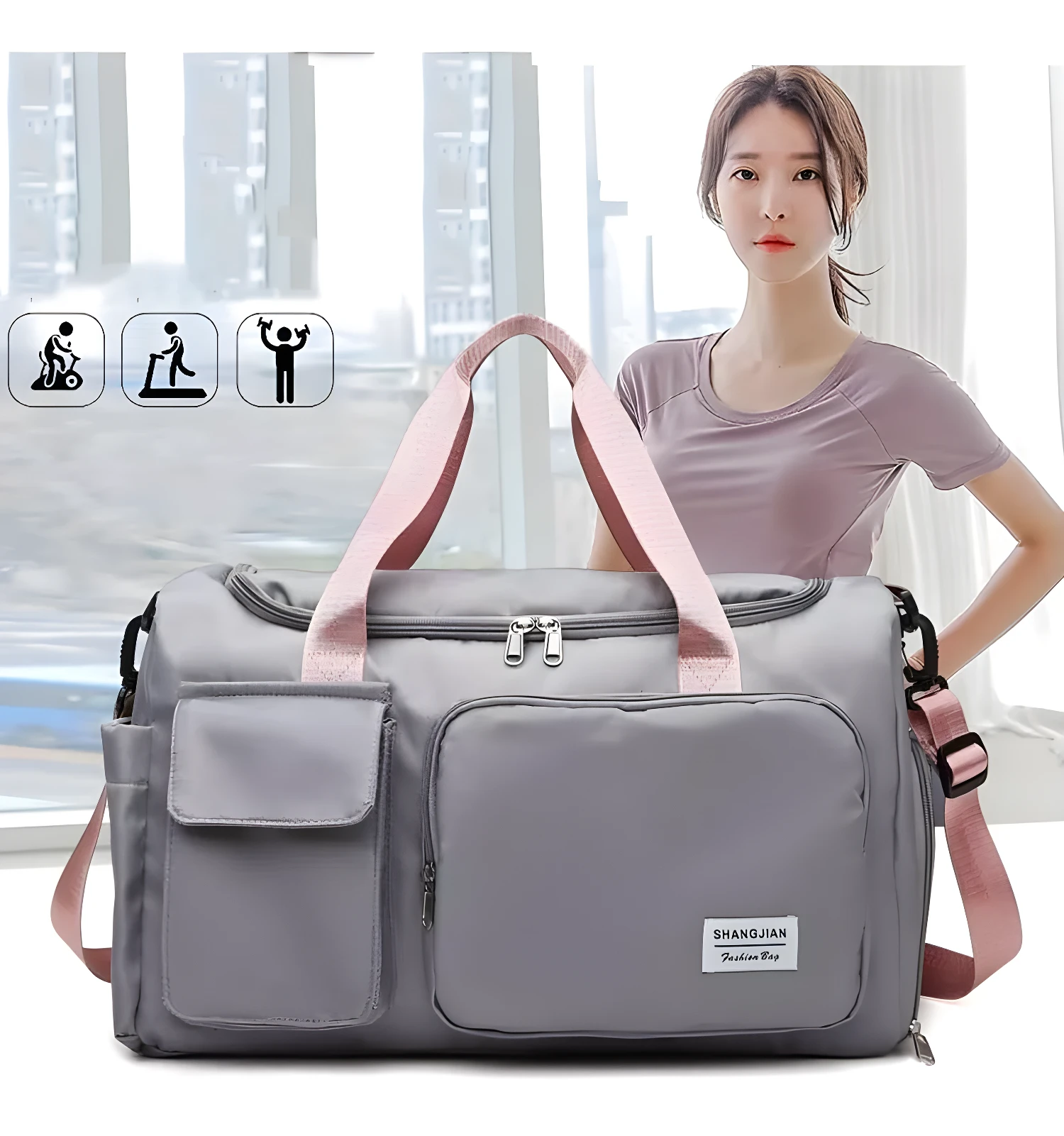 Bolso bandolera de viaje gris con correas rosadas, ideal para el gimnasio.