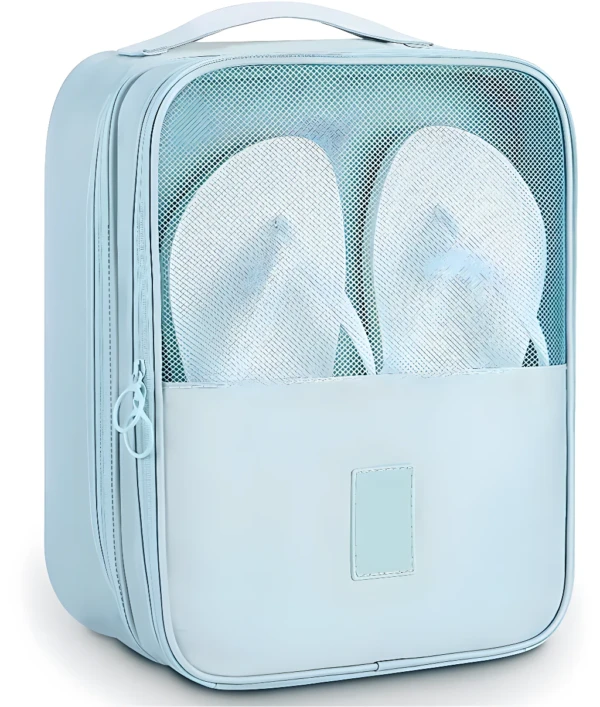 Bolso de viaje azul para zapatos con malla transparente y asas, ideal para organizar ropa.