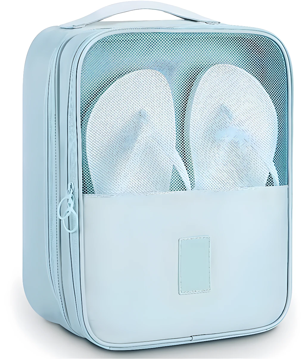 Bolso de viaje azul para zapatos con malla transparente y asas, ideal para organizar ropa.
