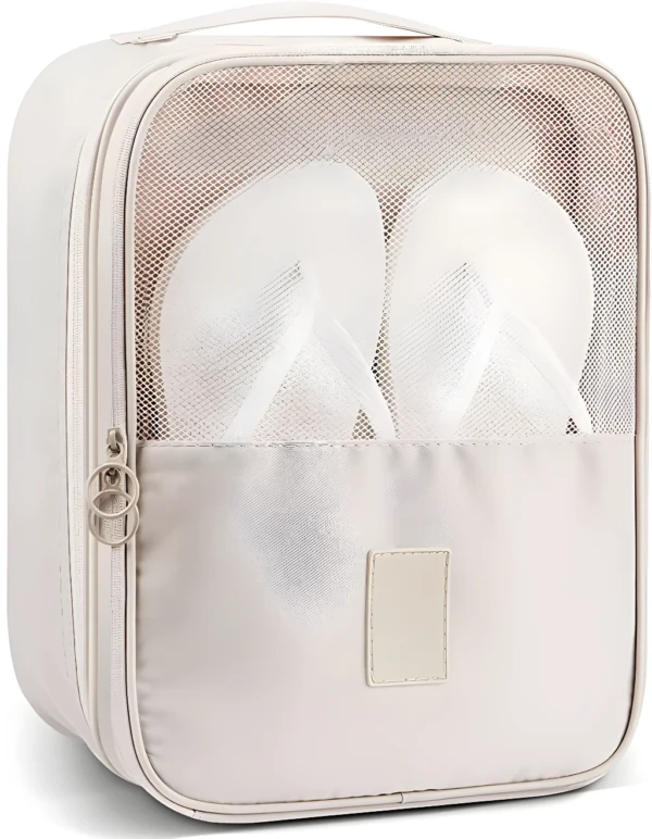 Bolso organizador de viaje beige para zapatos y ropa, con compartimento transparente.