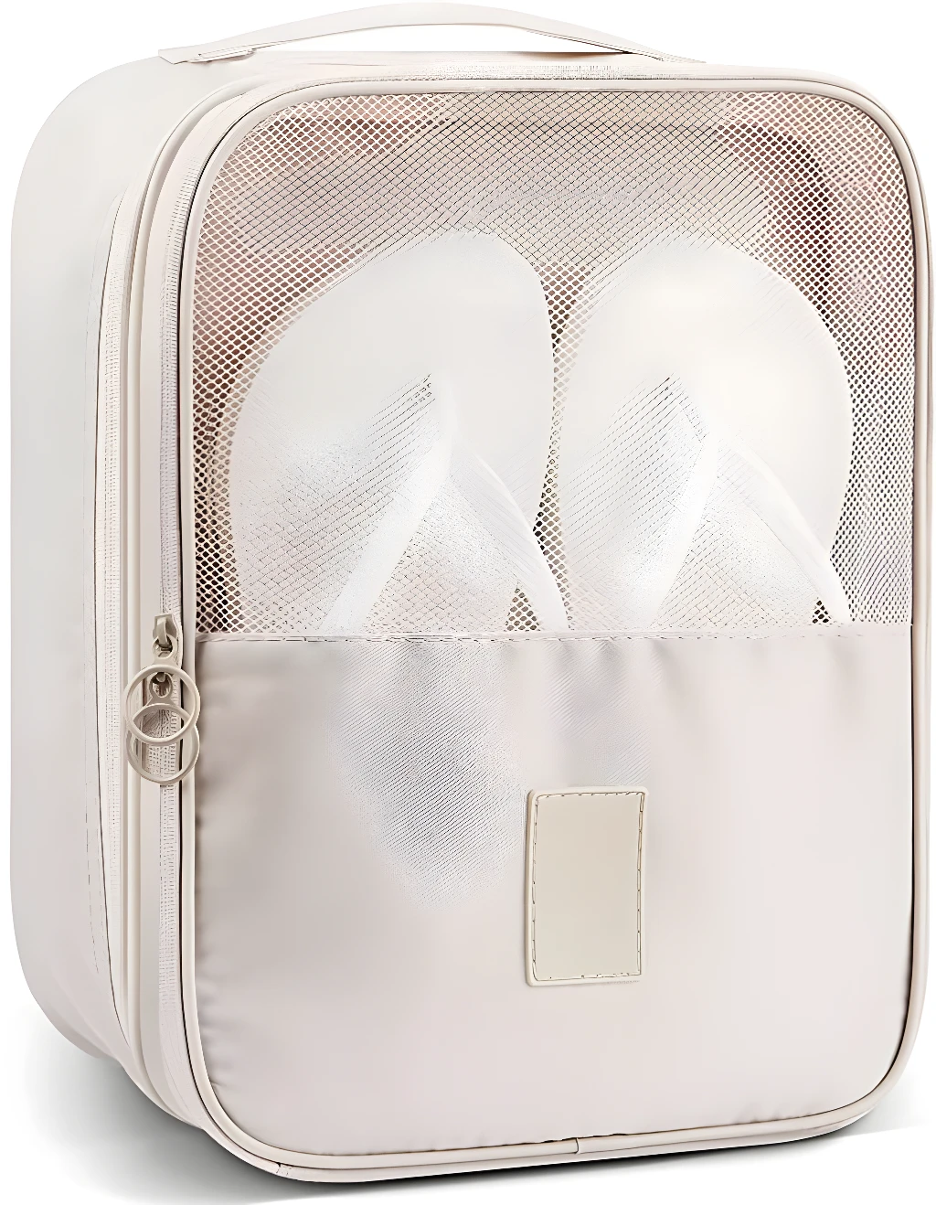 Bolso organizador de viaje beige para zapatos y ropa, con compartimento transparente.