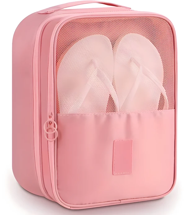 Bolso organizador rosa para zapatos y ropa con malla transparente y zíper.