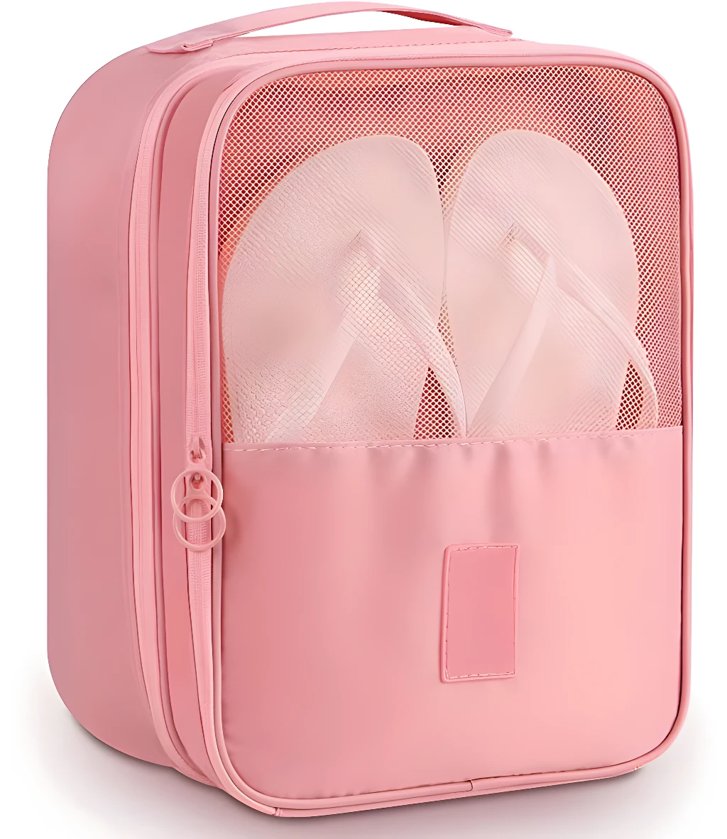 Bolso organizador rosa para zapatos y ropa con malla transparente y zíper.