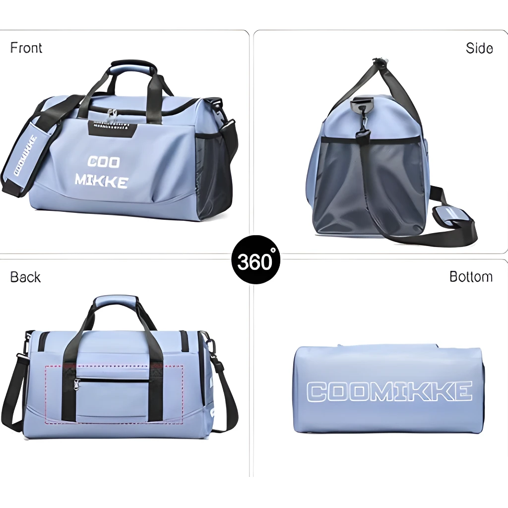 Bolso grande de viaje azul con logo COOMIKKE, vista frontal, lateral, posterior y base.