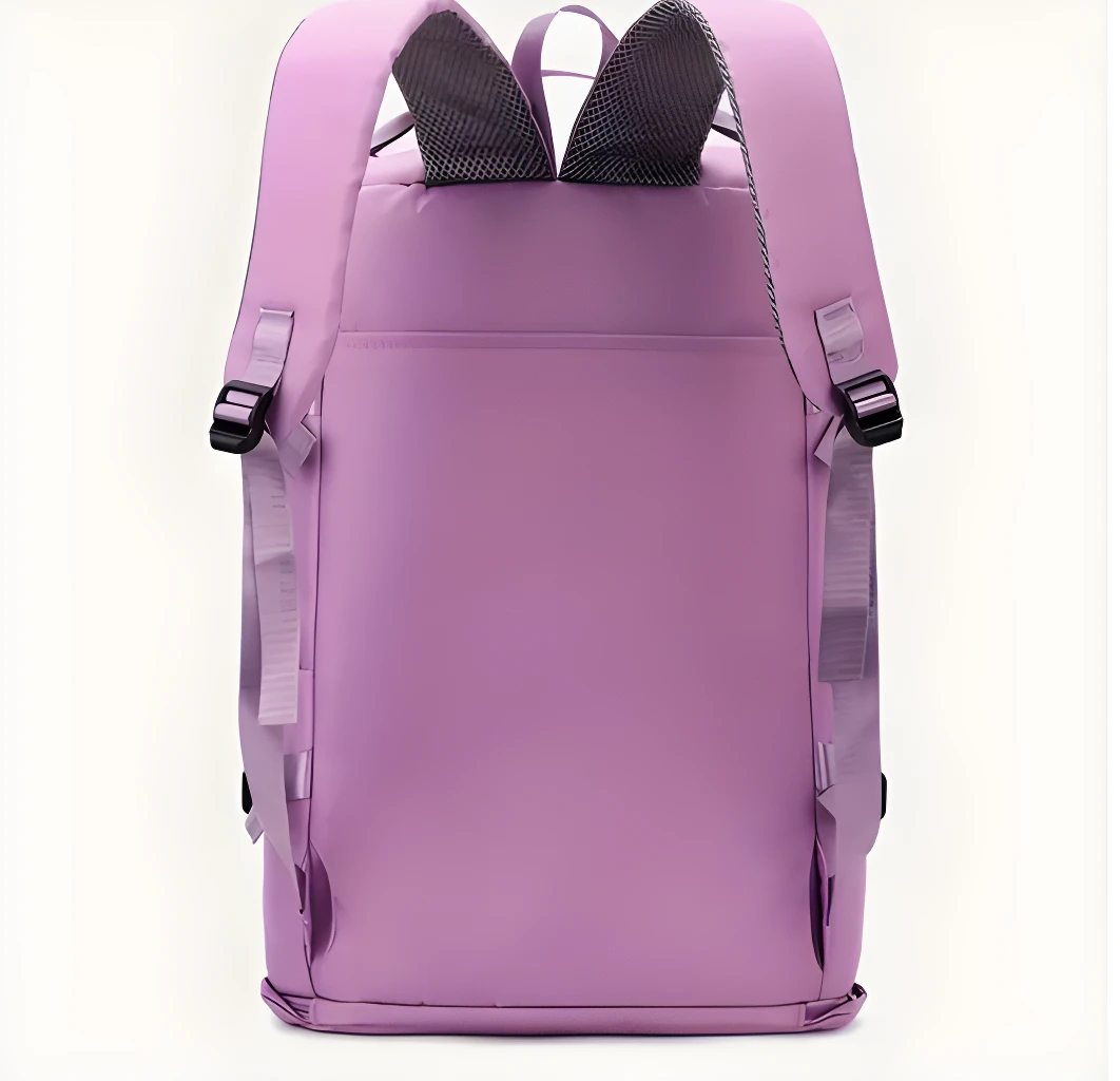 Bolso Morral Nry morado, vista posterior con correas ajustables y compartimento exterior.