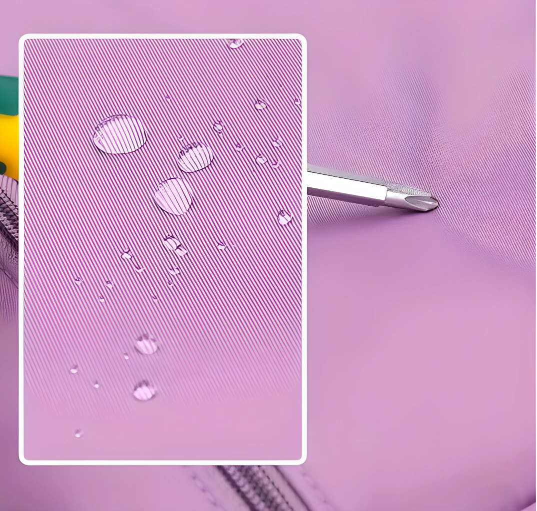 Morral Nry lila con textura a rayas y gotas de agua, puntas de destornillador cromado.
