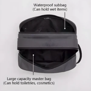 Bolso organizador de viaje con compartimento impermeable y gran capacidad.