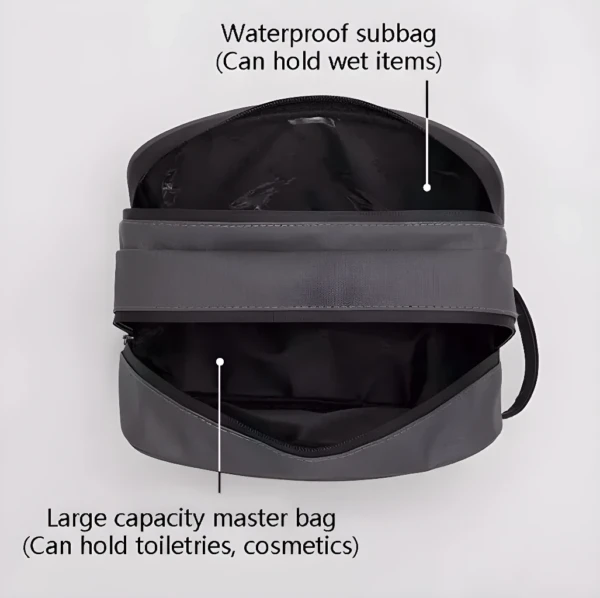 Bolso organizador de viaje con compartimento impermeable y gran capacidad.