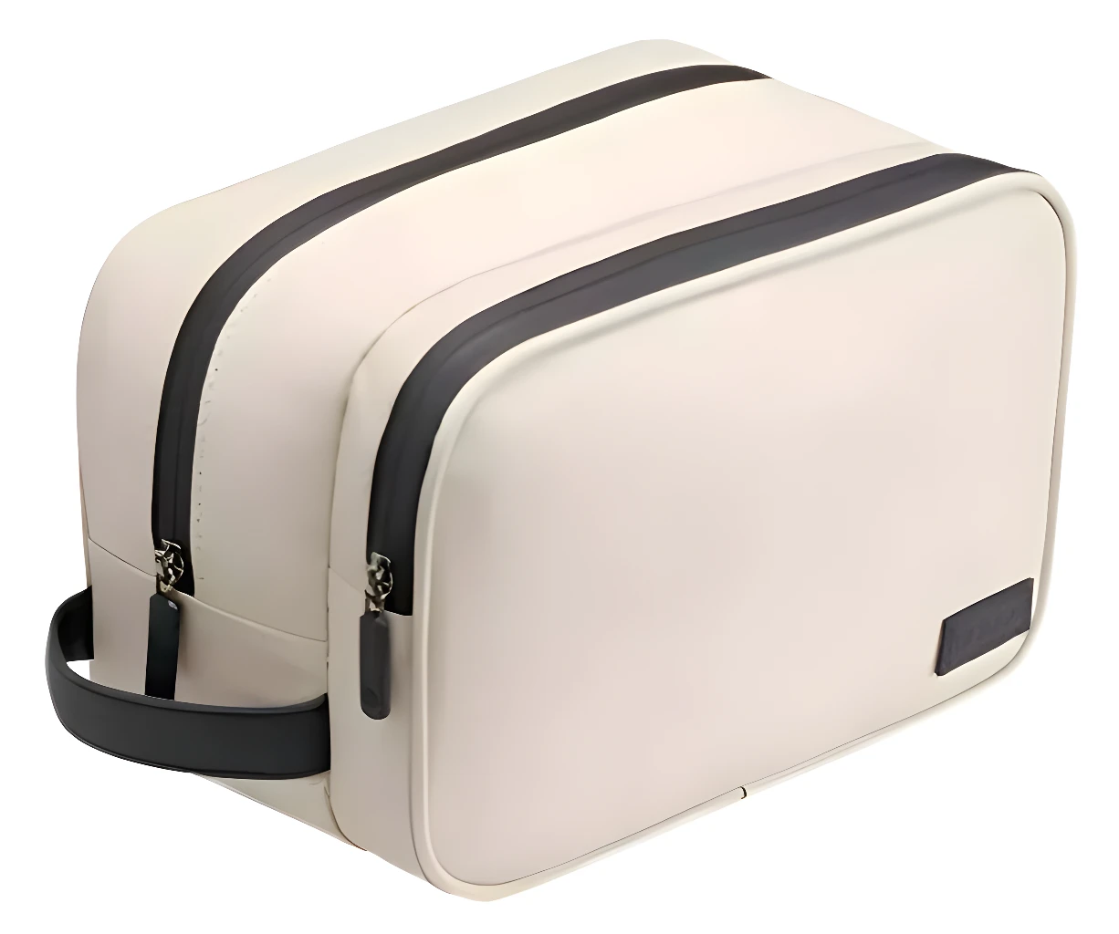 Bolso organizador de almacenamiento beige con cremalleras negras y asa lateral.
