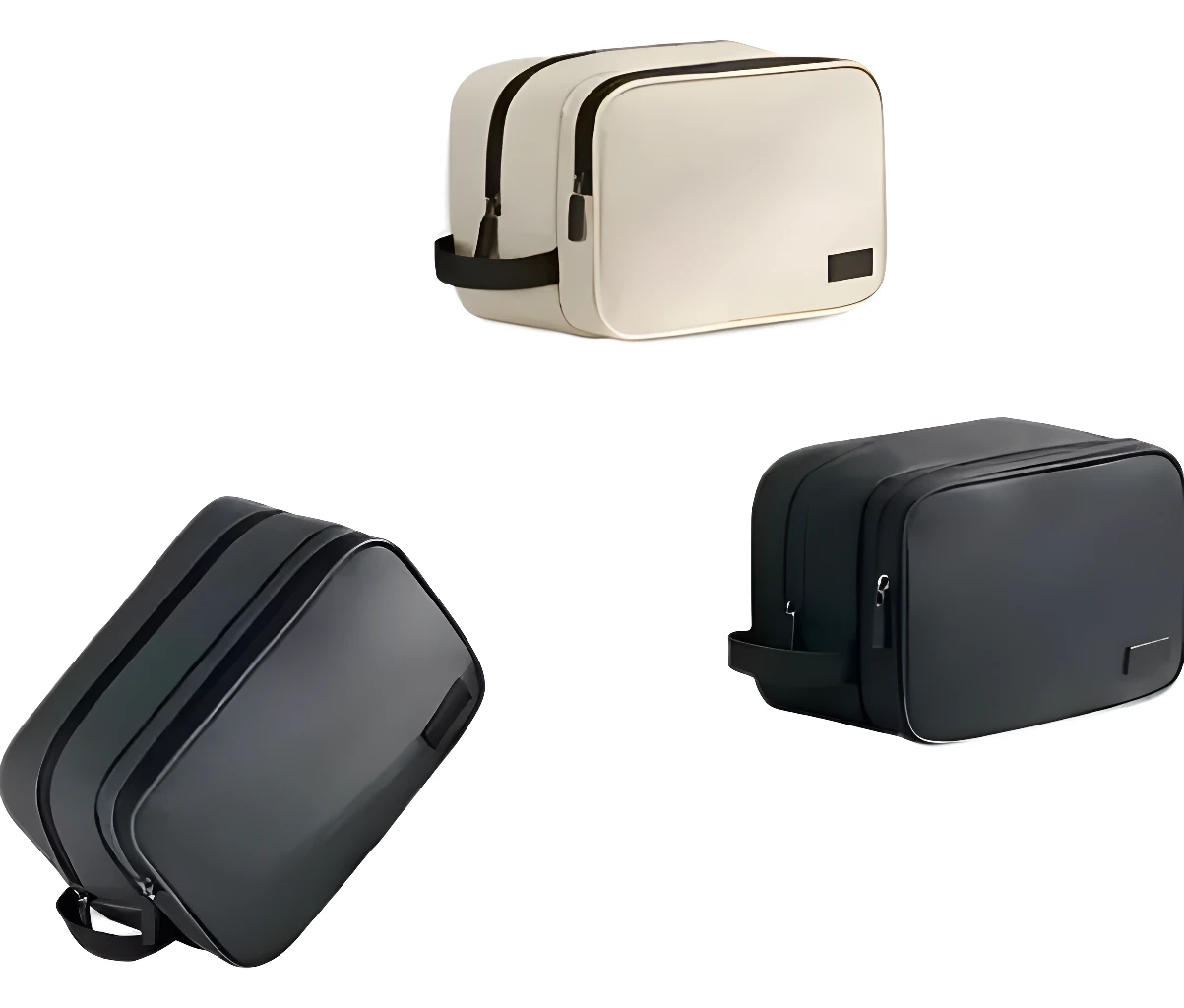 Bolso organizador de almacenamiento negro y beige con cremallera y asa, ideal para viajes.