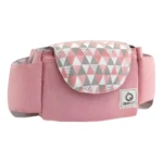 Bolso organizador para coche de bebé, divisores laterales, estampado geométrico rosa y gris.