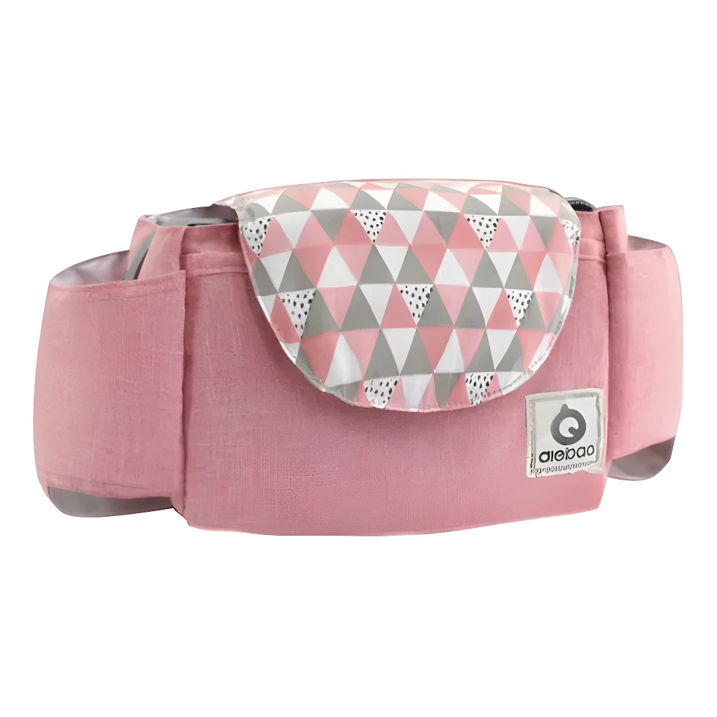 Bolso organizador para coche de bebé, divisores laterales, estampado geométrico rosa y gris.