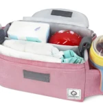 Bolso organizador para coche de bebé, rosa, con compartimentos para pañales y biberones.