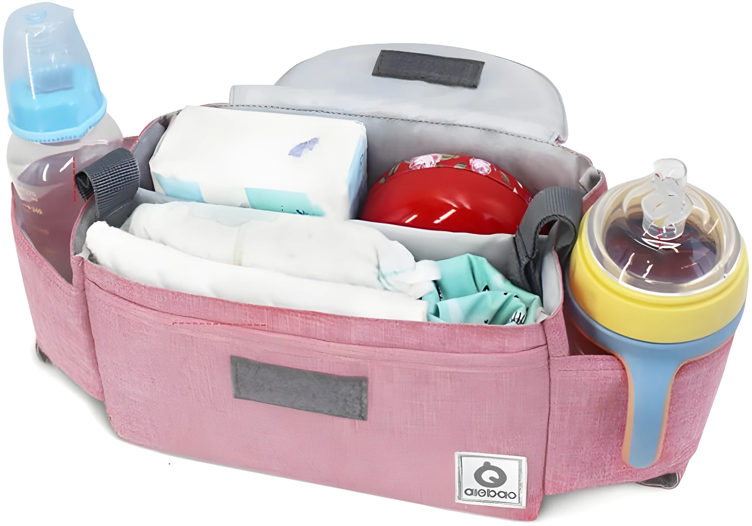 Bolso organizador para coche de bebé, rosa, con compartimentos para pañales y biberones.