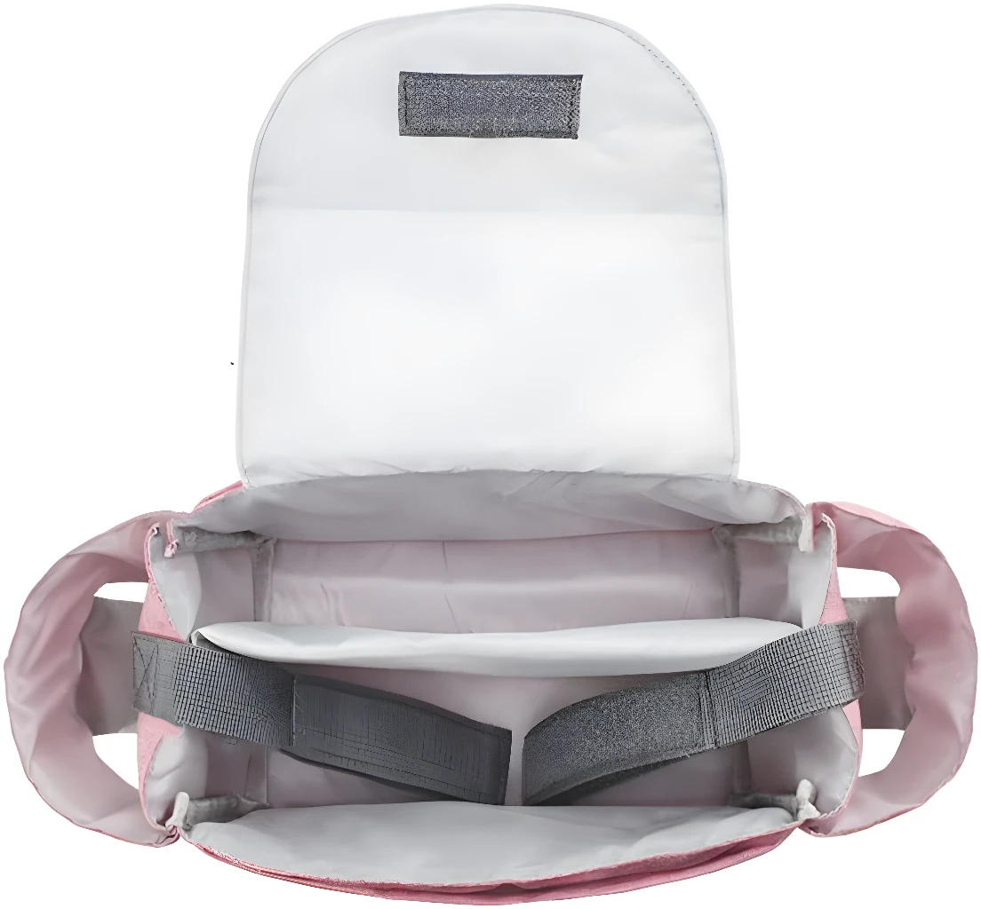 Bolso organizador para coche de bebé color rosa, con divisor interior y cierre de velcro.