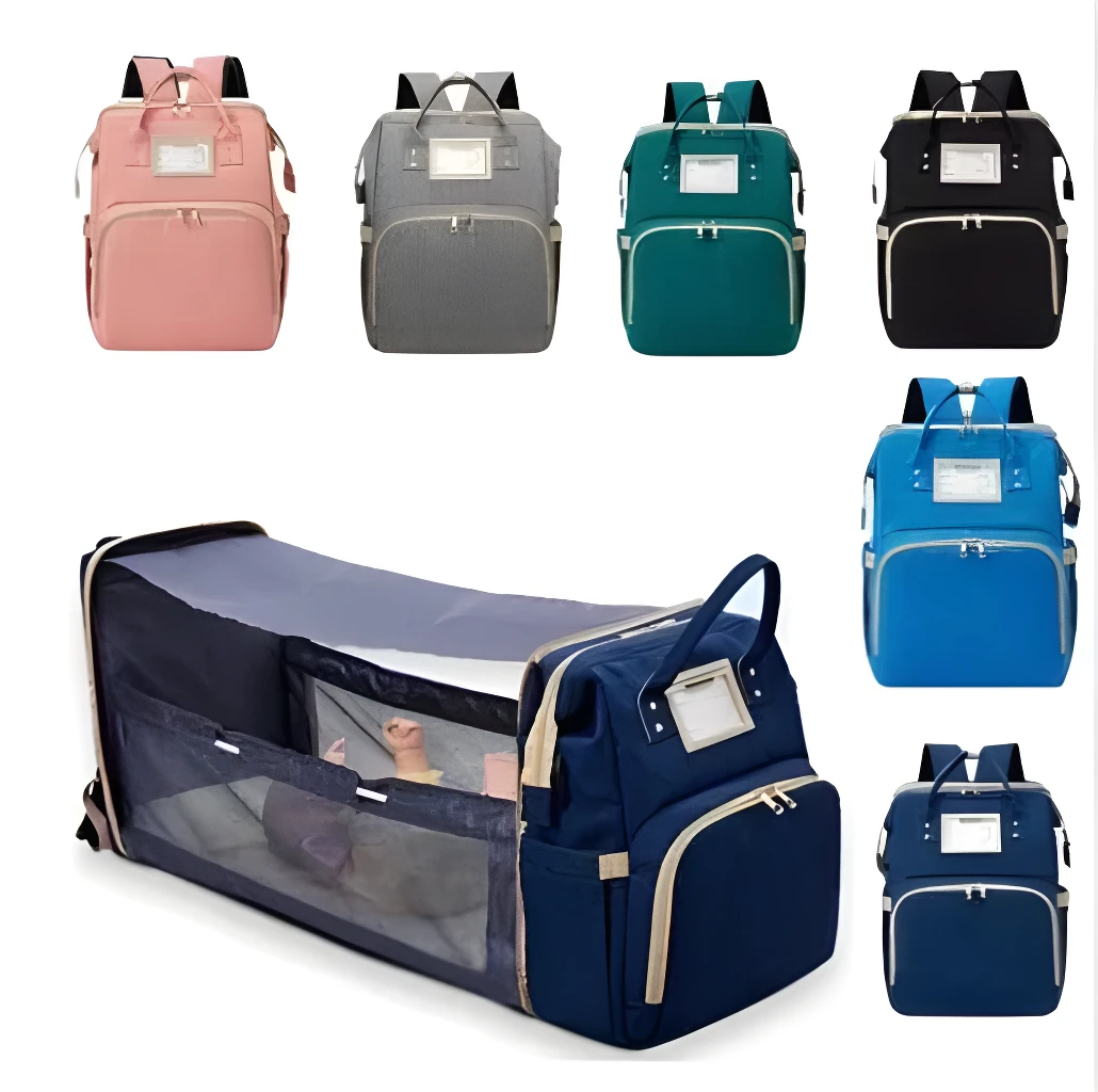 Bolso pañalera con cuna y cambiador para bebé, disponible en varios colores y estilos.