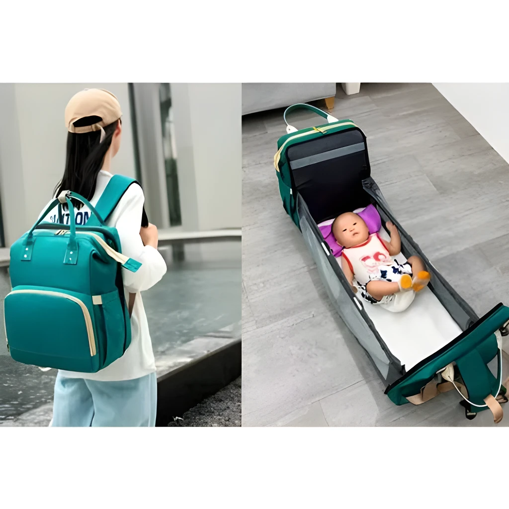 Bolso pañalera con cuna cambiador para bebé, ideal para viajes y cuidado infantil.