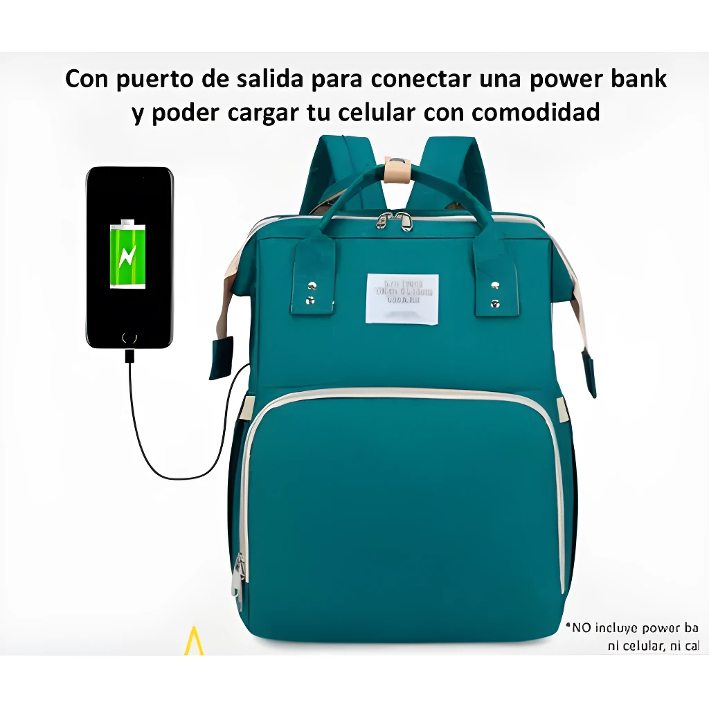 Bolso pañalera azul con cuna, cambiador y puerto USB para cargar celular.