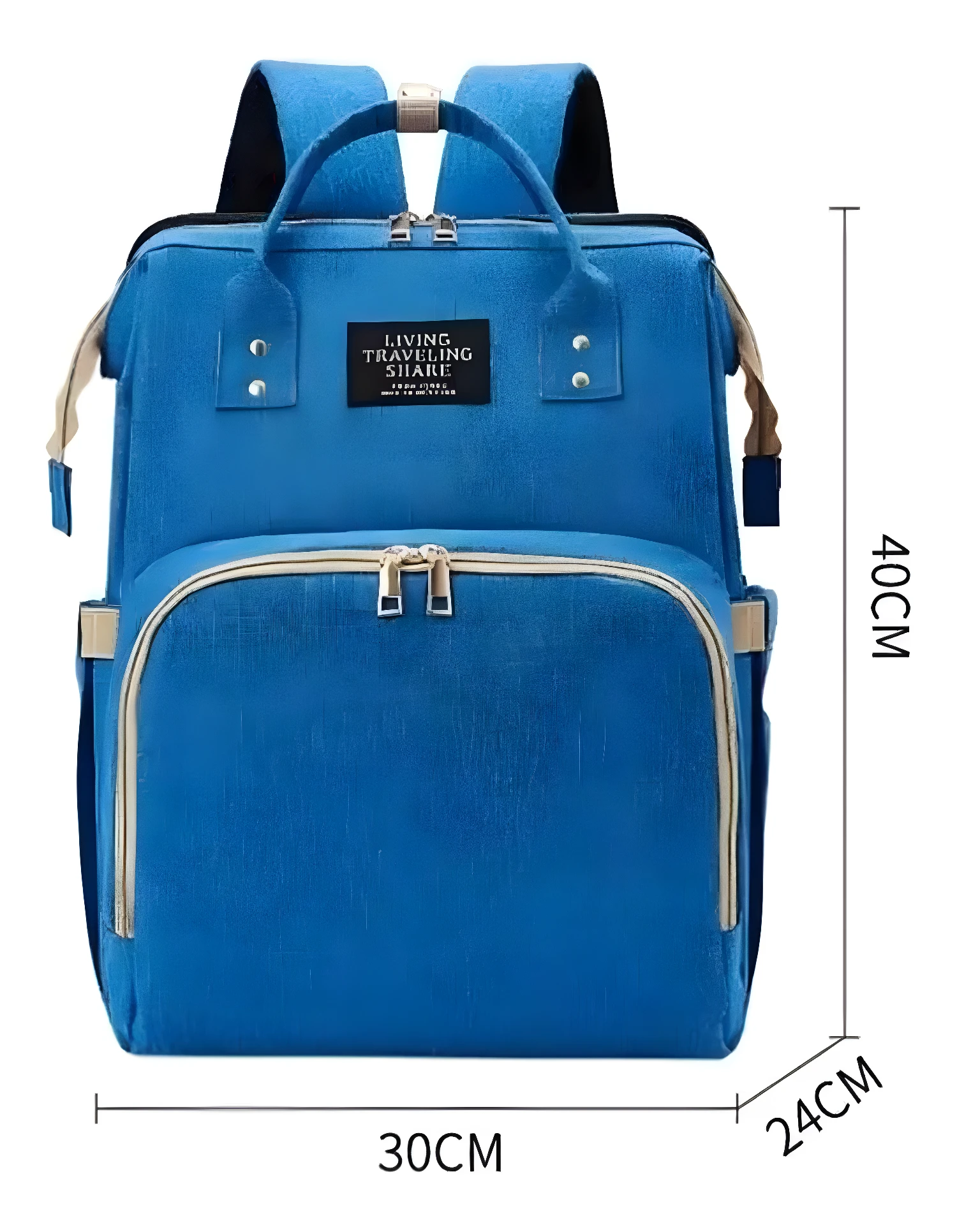 Bolso pañalera azul para bebé con cuna cambiador plegable, medidas 40x30x24 cm.