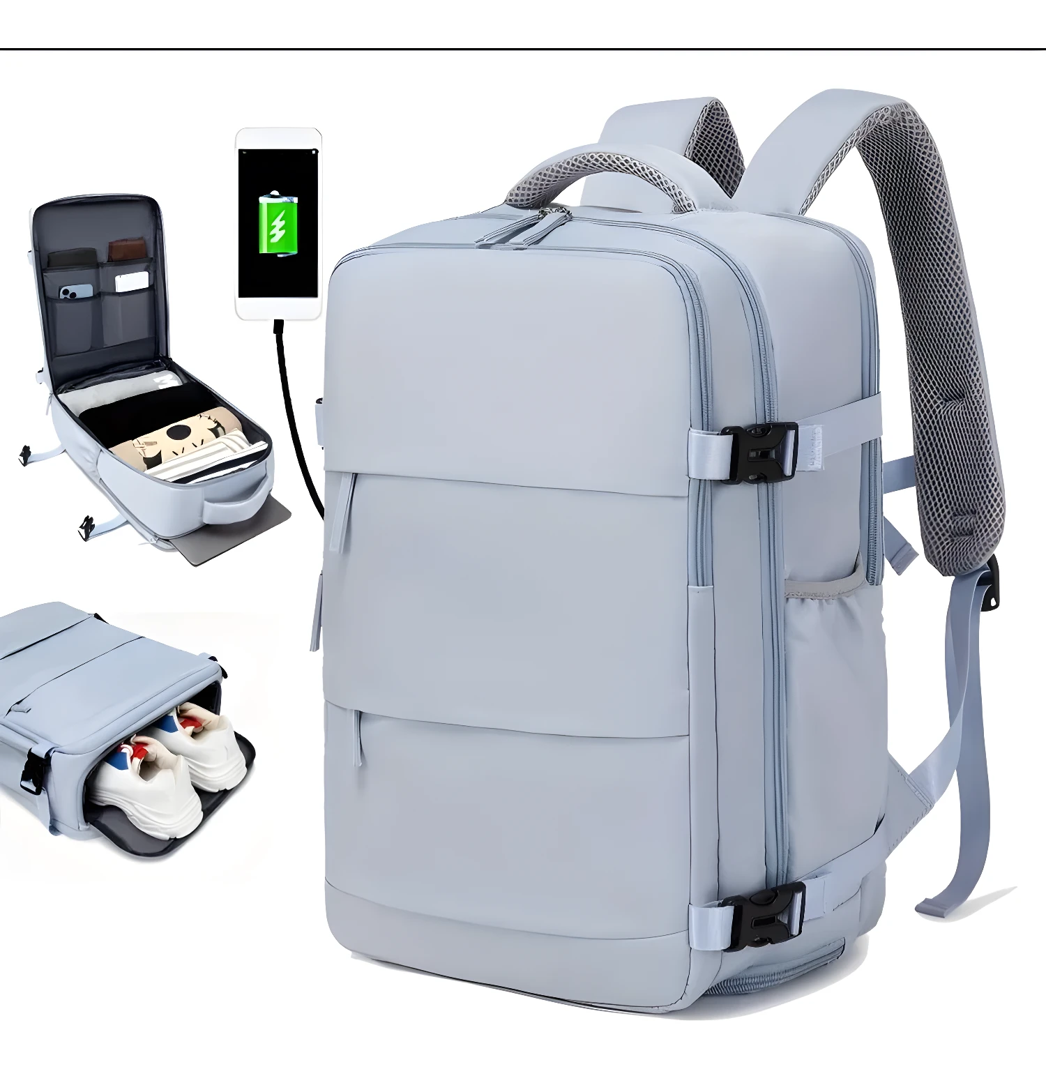 Bolso viajero Amazon gris, con compartimentos, puerto USB y espacio para zapatos.